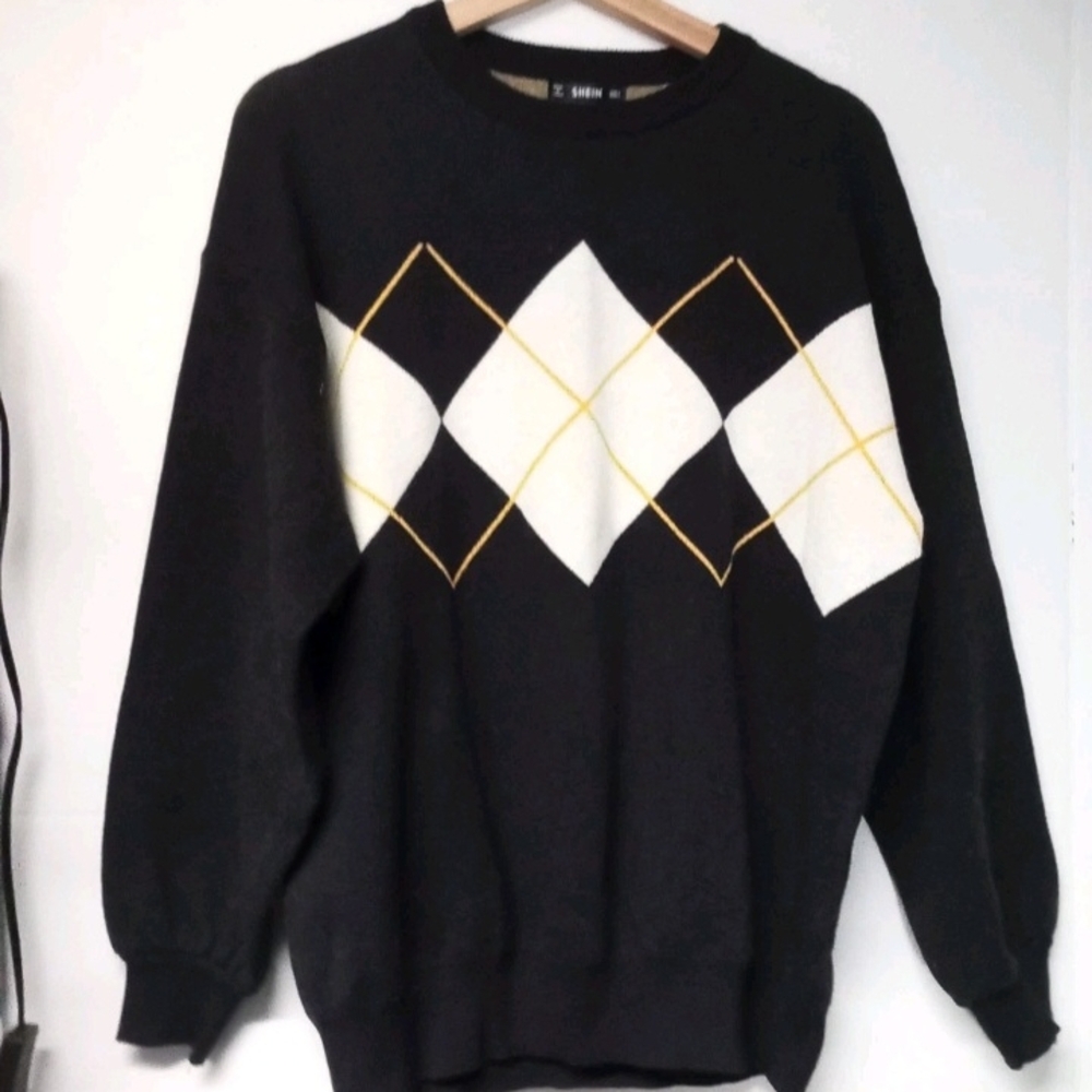 SHEIN Black and White Argyle Crewneck Sweater Sz L